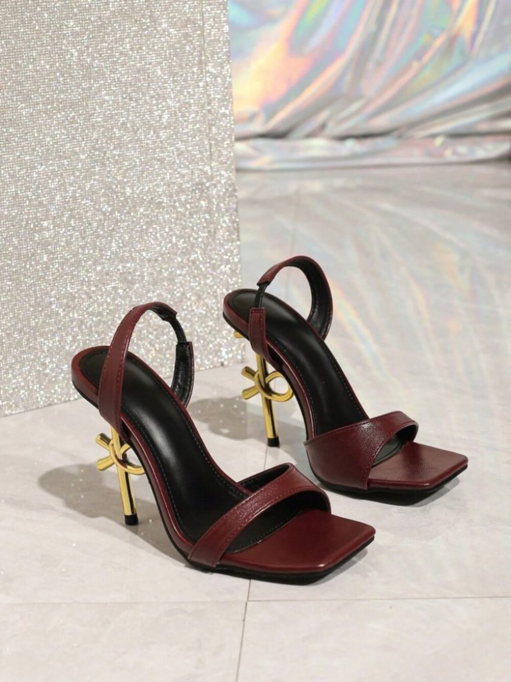 Burgundy Square Toe Sandals with Sculptural Gold Heel